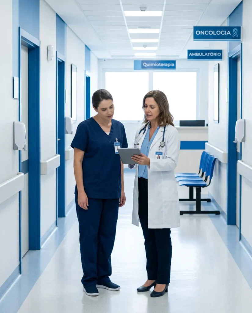 Médica e enfermeira conversando com um tablet em corredor de clínica oncológica (imagem ilustrativa gerada por IA)