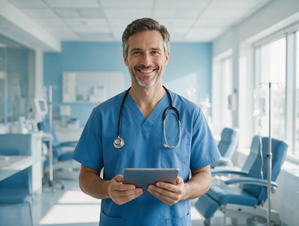 Médico de uniforme azul com tablet em centro de infusão oncológico (imagem ilustrativa gerada por IA)