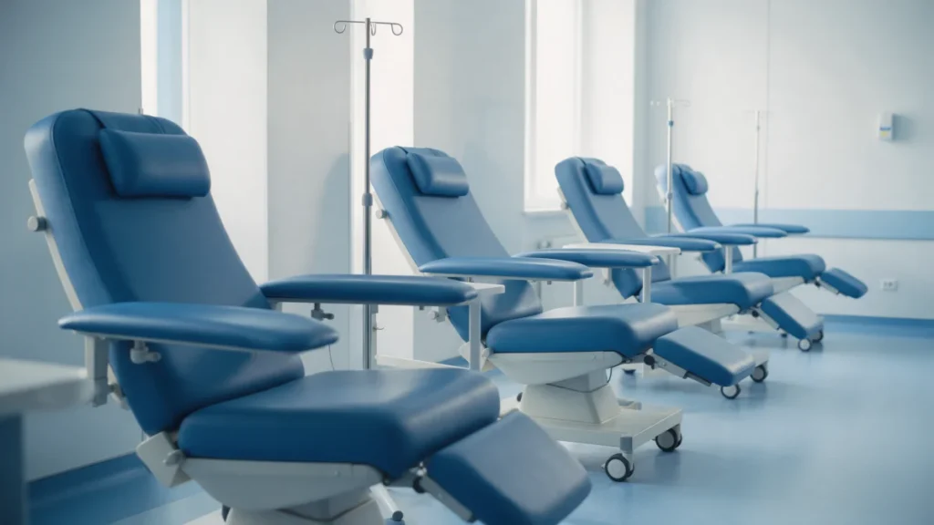 Sala de infusão de clínica oncológica com poltronas (imagem ilustrativa gerada por IA)