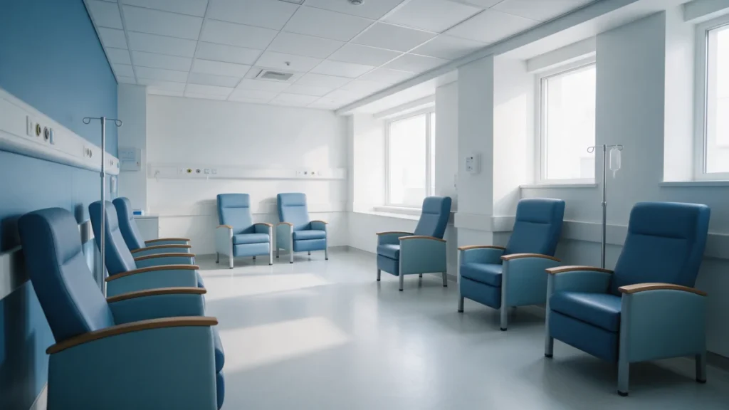 Sala de espera e infusão clara de clínica oncológica (imagem ilustrativa gerada por IA)